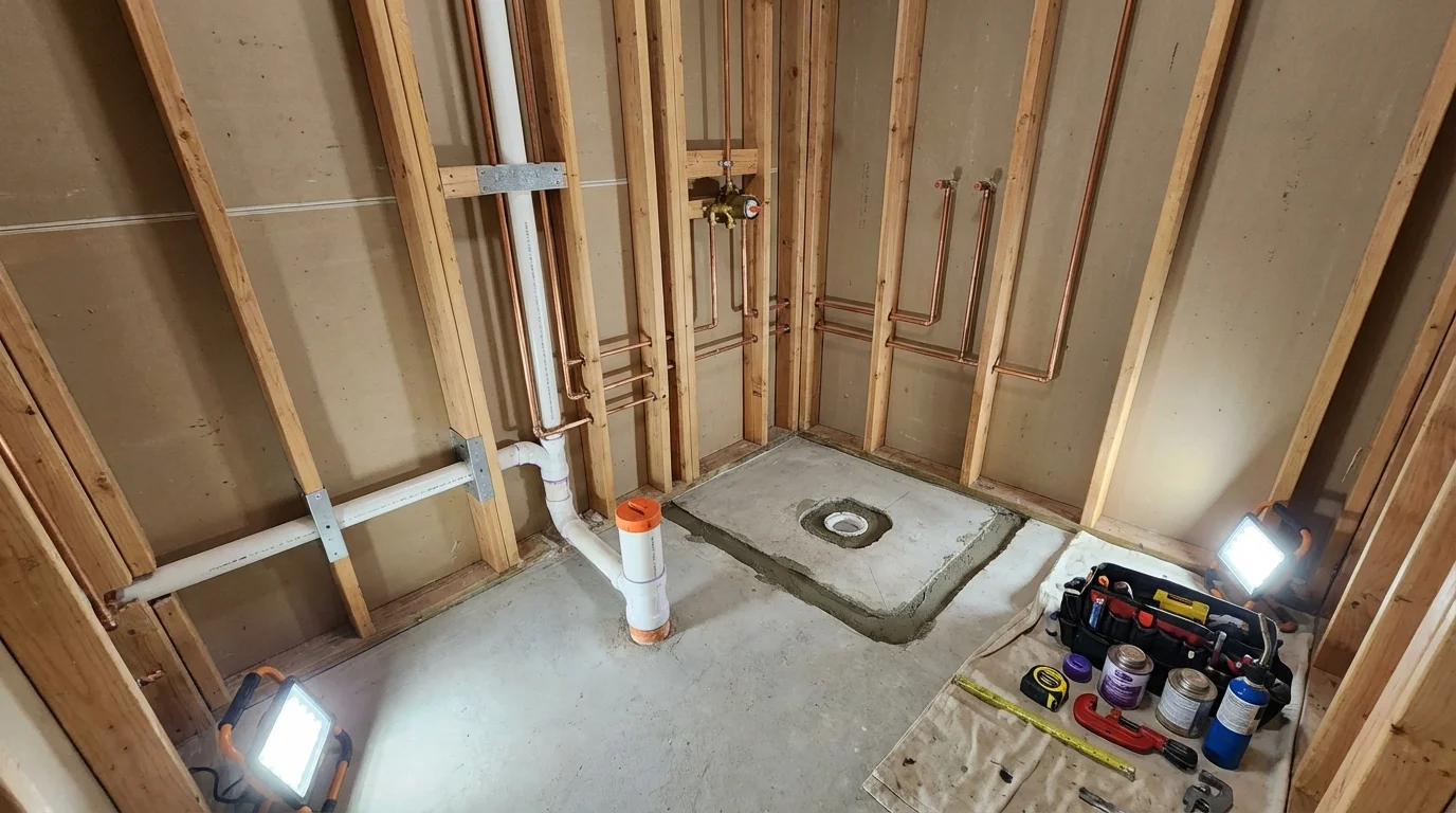Bathroom rough-in plumbing during remodel by Johns Plumbing LLC in Okemos