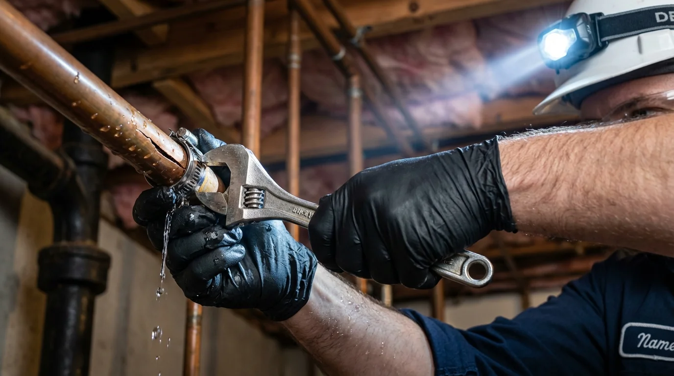 Emergency pipe clamp repair being performed by a Johns Plumbing LLC plumber in Okemos