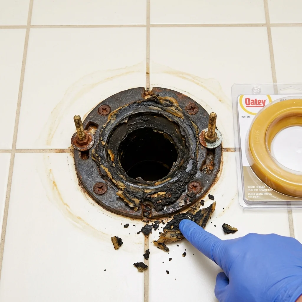 Failed wax ring showing water seepage at the base of a toilet in a Okemos, MI home