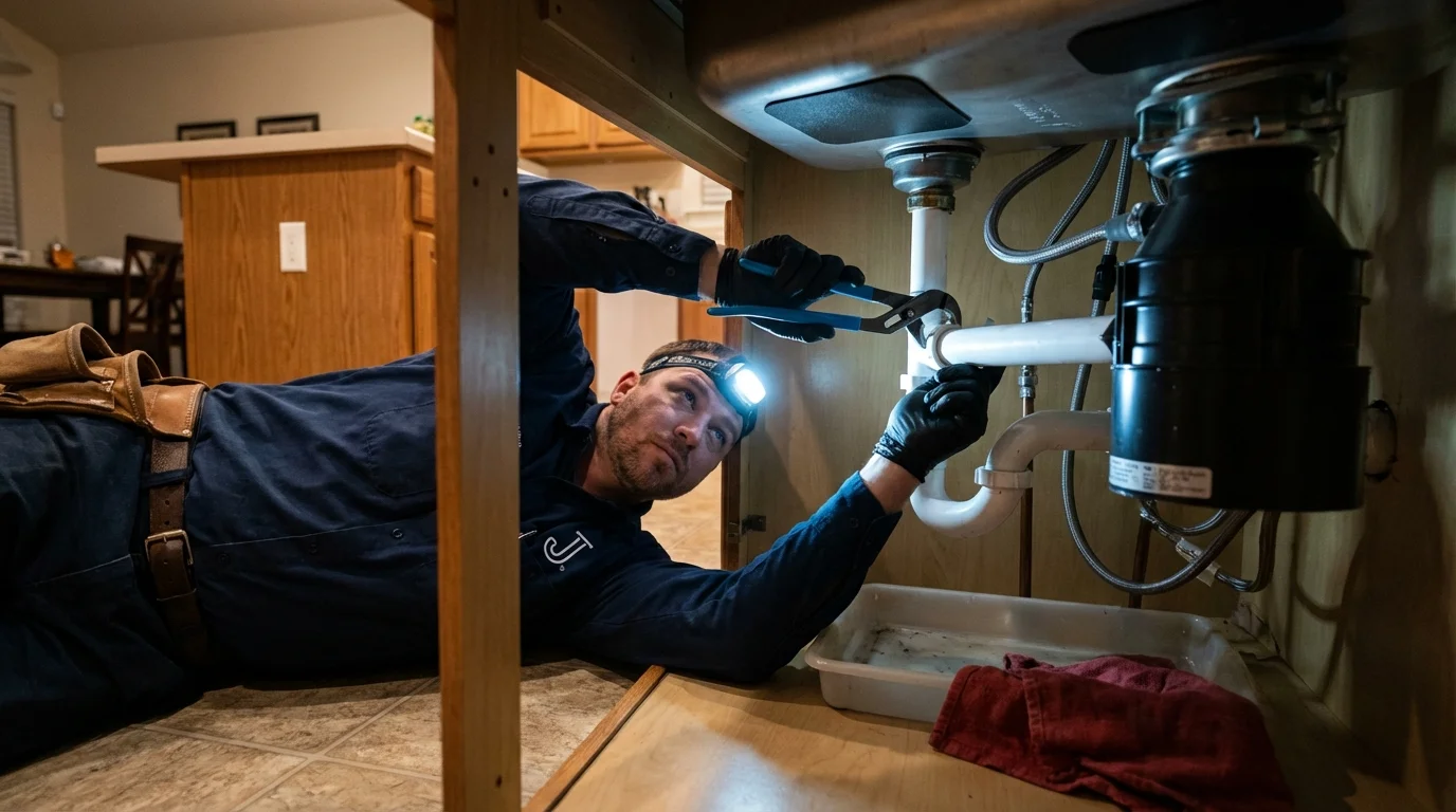 P-trap and supply line connections under a kitchen sink showing a common leak point in Okemos, MI